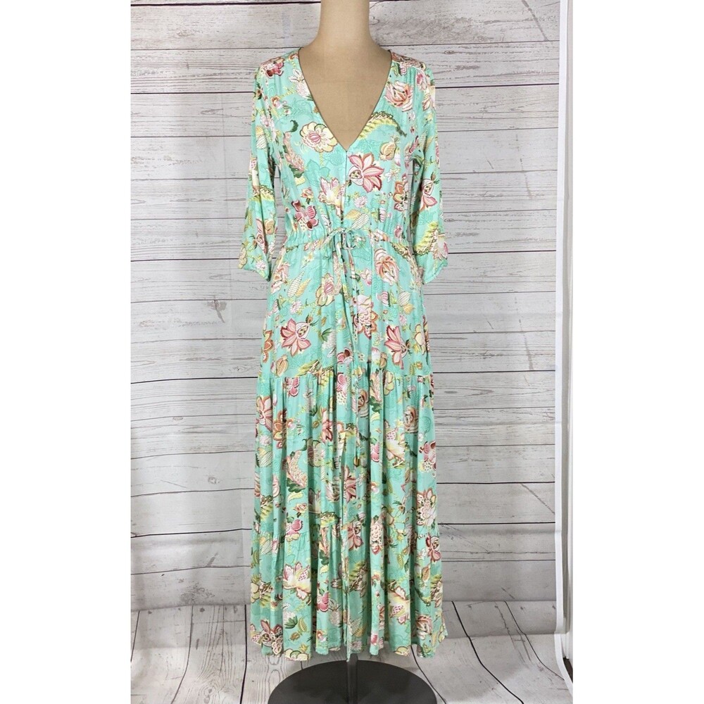 Anthropologie NWOT Sunday Mi AMOR Floral Turquoise Long Sleeve Maxi Dress Sz XS